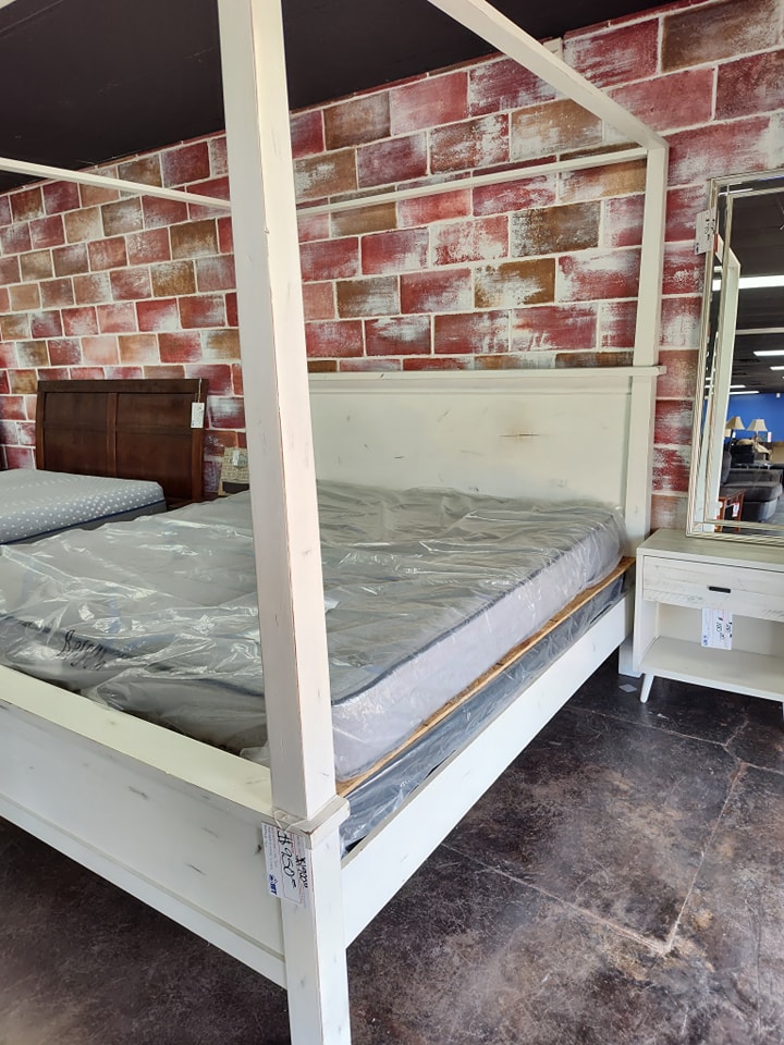 Distressed White King Canopy Bed With Mattress