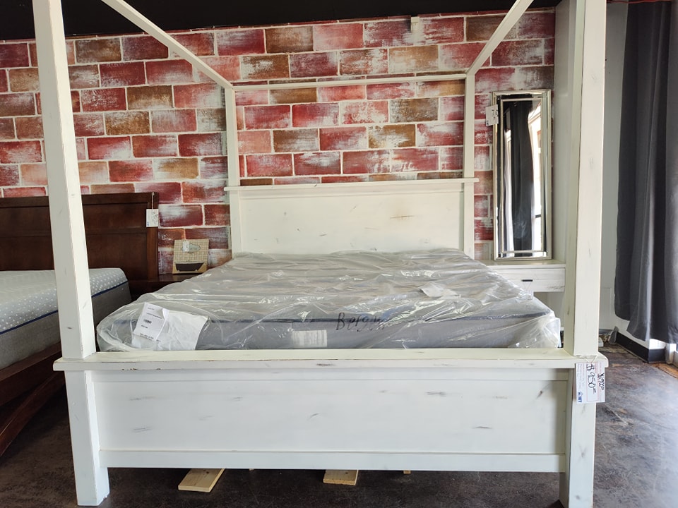 Distressed White King Canopy Bed With Mattress