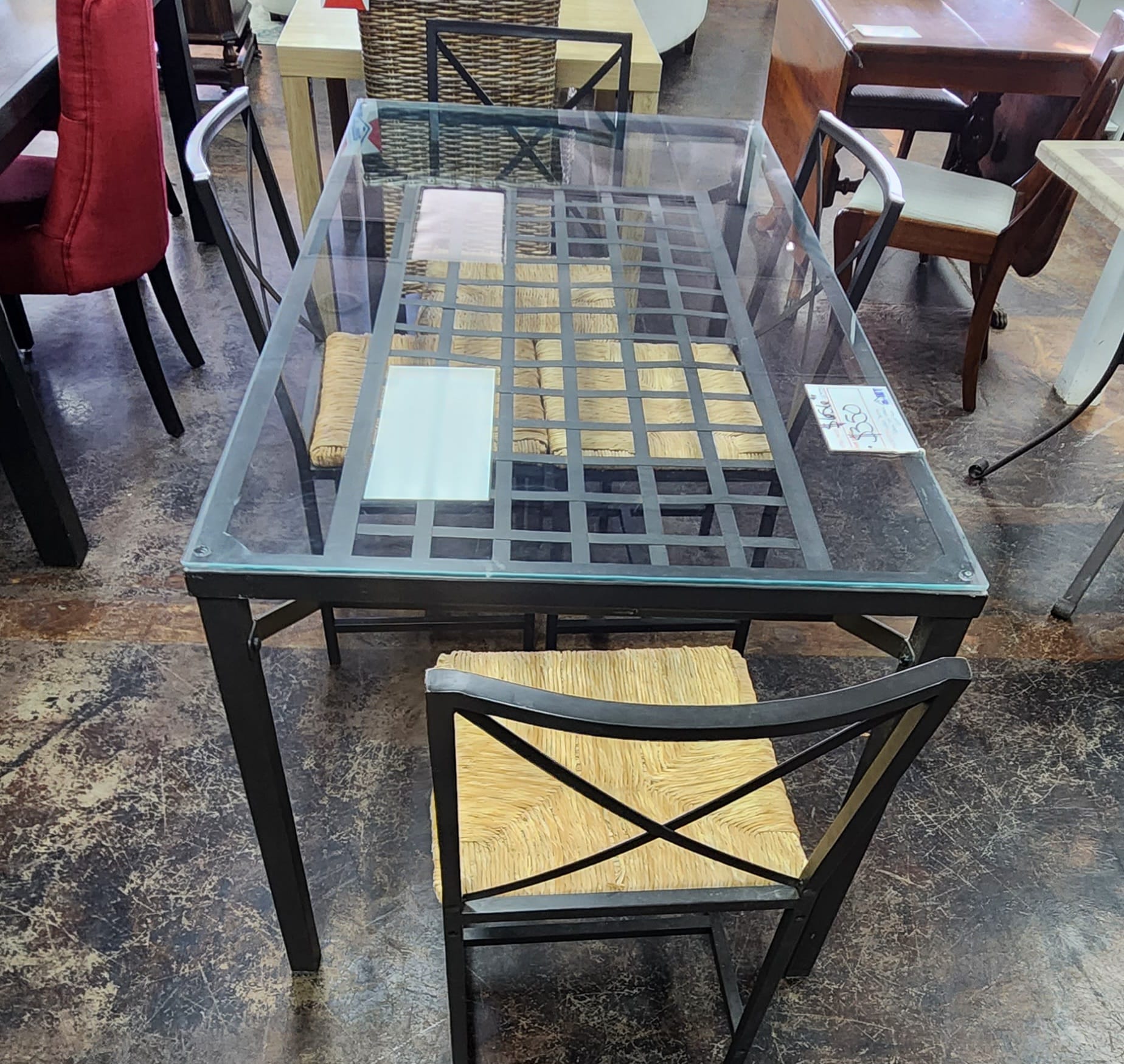 Glass top metal framed dinette tables with 4 chairs